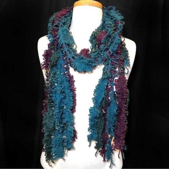 Blue Green Purple Crochet Yarn Open Weave Long Stripe Scarf - Picture 1 of 6